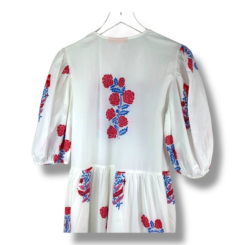 OLIPHANT Puff Maxi Dress Verna Red Blue Floral Tiered Skirt Puff Sleeve Cotton - Picture 5 of 16